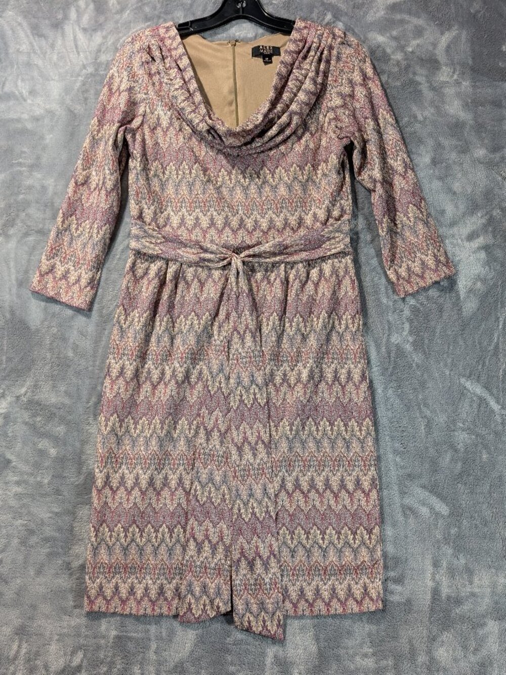 Alex Marie Petite Metallic Chevron Knit Cowl Neck Tie Waist Sheath Dress 2P